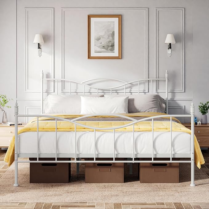 King Size Bed Frame with Headboard,Metal Platform Bed Frame Mattress Foundation with Footboard, Under Bed Storage, Strong Metal Slats Support, No Box Spring Needed, White