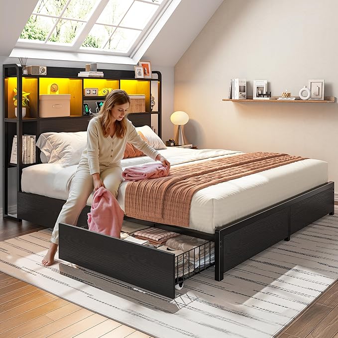 Queen Bed Frame with Storage Headboard & 4 Large Drawers Bed Frame Queen Size with 51" Tall Headboard 9 Compartments Led Lights & Charging Station,No Box Spring Needed, No Noise,Black