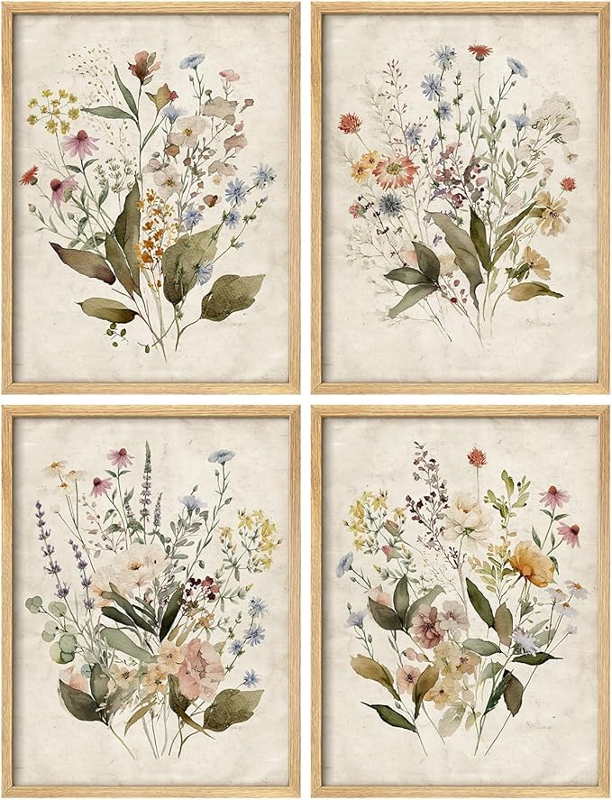 SIGNWIN Framed Set Vintage Wildflower Bouquet Antique Botanical Illustrations Modern Art Decorative Scenic Multicolor Nature Wilderness for Bedroom - 8"x10"x 4 Natural
