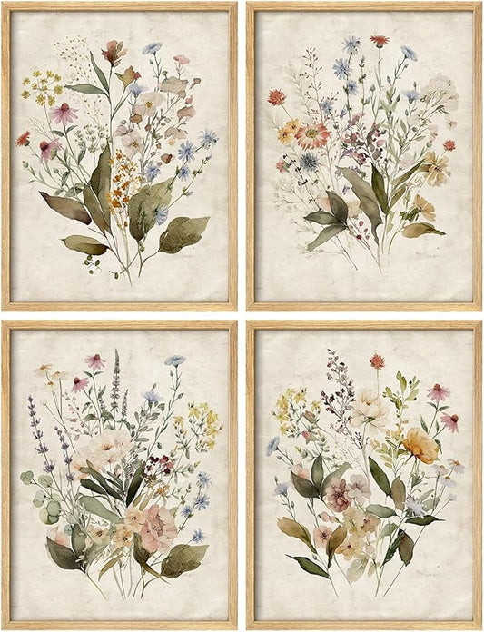 SIGNWIN Framed Set Vintage Wildflower Bouquet Antique Botanical Illustrations Modern Art Decorative Scenic Multicolor Nature Wilderness for Bedroom - 12"x16"x4 Natural