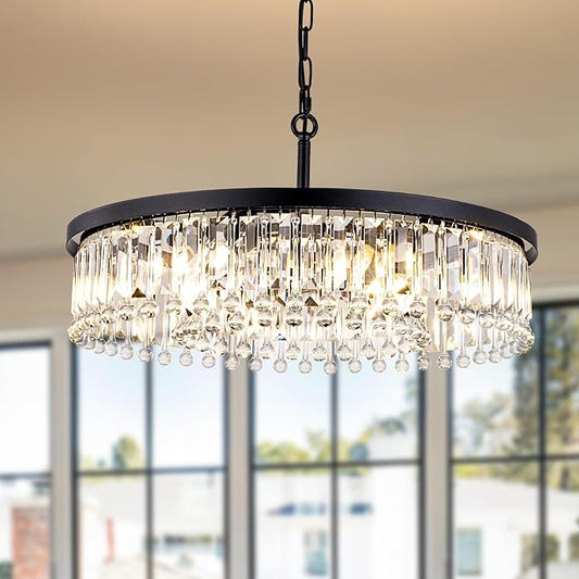 Wellmet Crystal Chandelier for Dining Room, Modern Black Drum Chandeliers Light for Living Room, Small Ceiling Lighting Fixture for Kitchen Island, Bedroom, Foyer