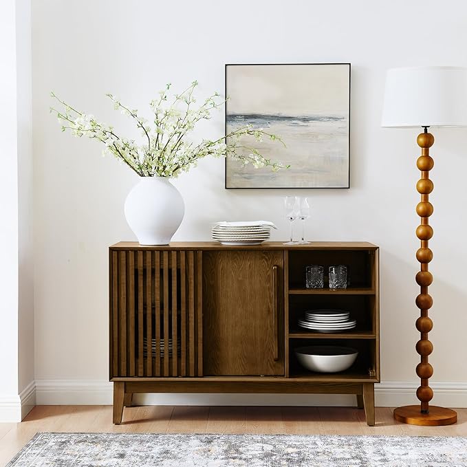 LKTART 47.3" Mid Century Modern Sideboard Buffet Cabinet,Coffee Bar Storage Cabinet with Sliding Door,Media Console Table for Living Room,Kitchen, Hallway(Walnut)