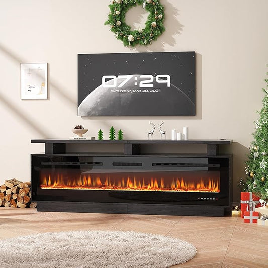 Fireplace TV Stand with Smart Electric Fireplace, Modern Wood Entertainment Center with Mantel&Built-in Power Outlets, Fireplace Cabinet for Living Room (Black, 70”)