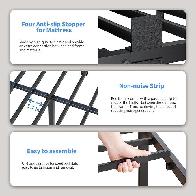 ROIL 14 inch Twin XL Bed Frames with Headboard Hole and Round Corner Legs Mattress Retainers 3500LBS Heavy Duty Steel Slats No Box Spring Needed Platform Noise-Free Underneath Storage