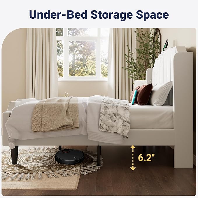 Allewie Vintage Full Size Velvet Platform Bed Frame with Curved Vertical Tufted Wingback Headboard and Footboard, Charging Station, Easy Assembly, Under Bed Storage, No Box Spring Required, White