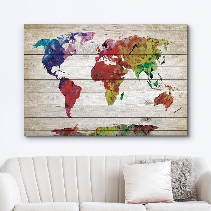 wall26 Canvas Print Wall Art Watercolor Style Rainbow Wood Panel World Map Architecture & Maps Cultural Illustrations Modern Art Traditional Multicolor for Living Room, Bedroom, Office - 16"x24"