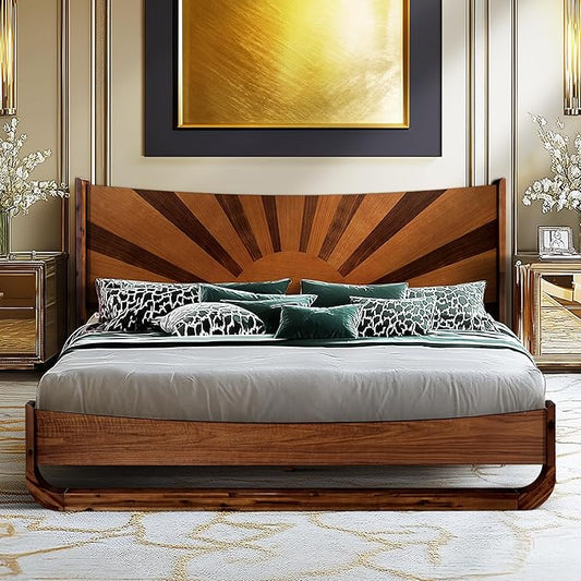 Sunset Deluxe Solid Acacia Wood Queen Size Platform Bed Frame with Tall Headboard, Mid-Century & Art Deco Design, No Box Spring Needed, Strong Wood Slat Support, Easy Assembly, Walnut