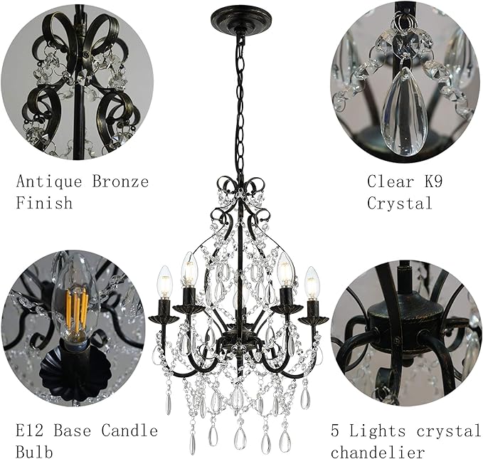 Bronze Crystal Chandelier,5 Lights Chandelier with K9 Crystal,Farmhouse Pendant Light Fixtures for Bedroom,Dining,Living Room,Kitchen Island