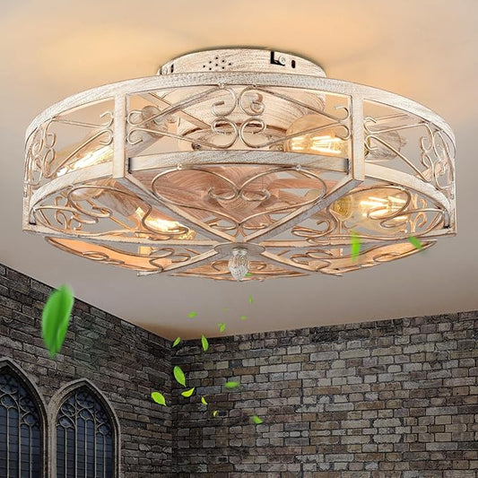 20" Caged Ceiling Fan with Light,Vintage Rustic Farmhouse Kitchen Decor,Bladeless Ceiling Fans with Lights and Remote,Low Profile Fan for Bedroom,Reversible 6 Speeds Motor,4 E26 Bulbs Included