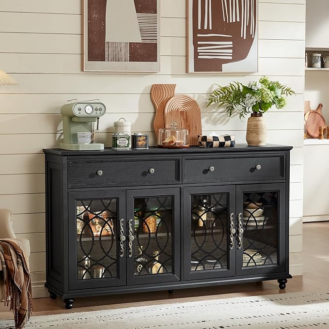 Large Sideboard Buffet Cabinet with Storage,59" Credenza with 4 Glass Doors & 2 Drawers,Adjustable Shelves Coffee Bar,Wood Kitchen Console Table for Dining Room,Living Room,Black