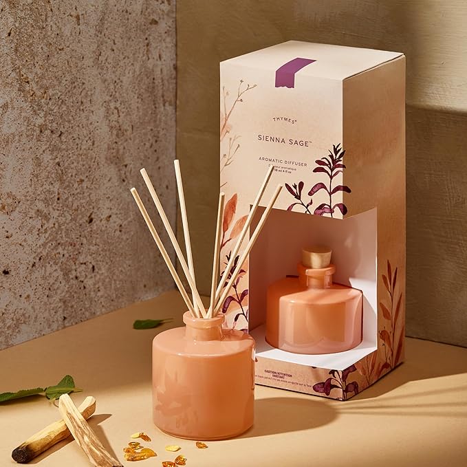 Thymes Petite Reed Diffuser Set – Includes Rattan Wood Sticks, Fragrance Oil, & Glass Bottle – Home Fragrance Oil Diffuser – Luxury Home Decor – Bedroom Decor (Sienna Sage, 4 fl oz)