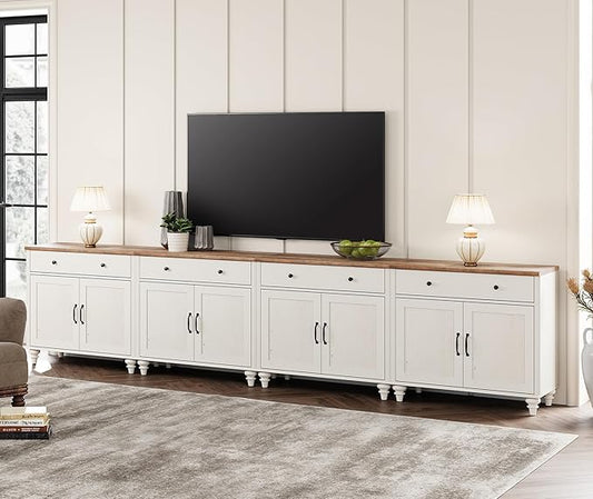 WAMPAT Farmhouse TV Stand for 85 inch TV with 8 Doors and 4 Drawers, Wood Universal TV Stands with Large Storage Cabinets, White Entertainment Center TV Console Table for Living Room, Bedroom