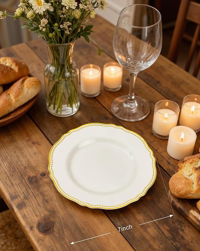 Hioasis 60PCS Ivory Plastic Plates - Ivory and Gold Disposable Dinnerware with Gold Rim, Heavy-duty, 7 inch, Dessert Plates for Party & Wedding