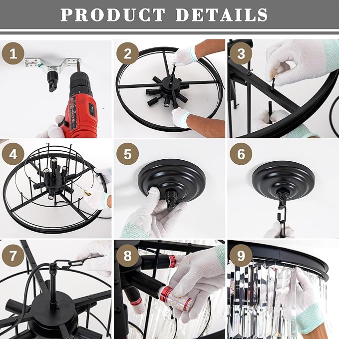 Black Crystal Chandelier 15.7" 6-Light K9 Crystal Pendant Lights Modern 3-Tier Luxury Crystal Hanging Ceiling Dining Room Light Fixture for Hallway Living Room Bedroom Kitchen Island Entryway