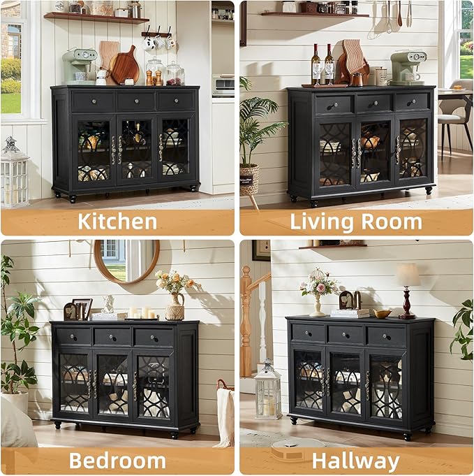 Farmhouse Sideboard Buffet Cabinet with Storage,48" Large Credenza with 3 Glass Doors & 3 Drawers,Adjustable Shelves Console Table,Wood Kitchen Coffee Bar for Dining Room,Living Room,Black