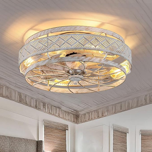 18 Inch Low Profile Caged Ceiling Fans with Lights Remote Control, White Flush Mount Ceiling Fan, Small Bladeless Ceiling Fan Light Fixture For Bedroom, Kitchen, Reversible(Bulbs not Included)