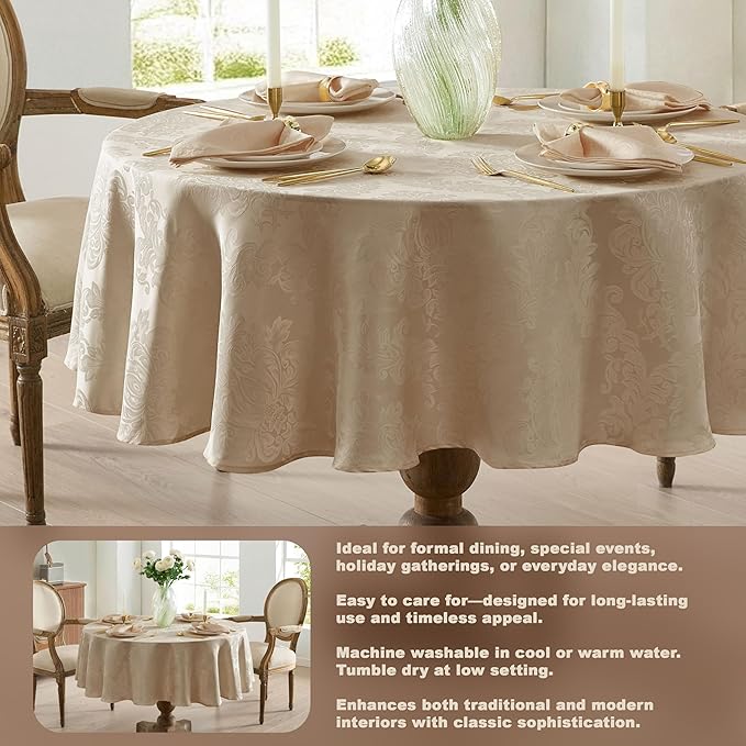Newbridge Barcelona Luxury Damask Fabric Tablecloth, 70” Round, Golden Beige, 100% Polyester, No Iron, Soil Resistant Dining Room, Party and Banquet Table Cover