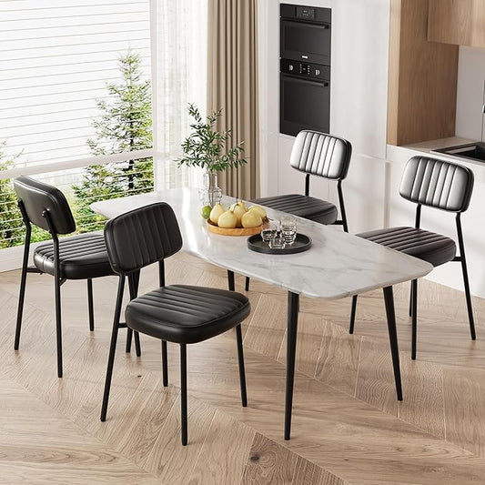 Dining Chairs Set of 4, Modern Faux Leather Dining Chairs with Thick Cushions Seat Back and Metal Legs, Comfy Upholstered Kitchen Chairs for Dining Living Room (Black)