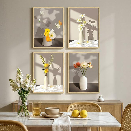 Framed Botanical Wall Art, 4 Piece Yellow Floral Canvas Painting Prints Artwork for Walls, Modern Elegant Flower Pictures for Bedroom Kitchen Hallway Living Room Bathroom Home Decor, 12x16 Inch