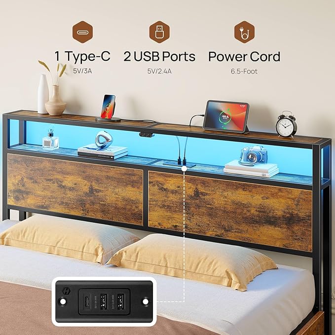 Rolanstar Queen Bed Frame with 4 Storage Drawers, Charging Station and LED Lights, Metal Platform Bed with 2-Tier Storage Headboard, No Box Spring Needed, Easy Assembly, Noise-Free, Rustic Brown