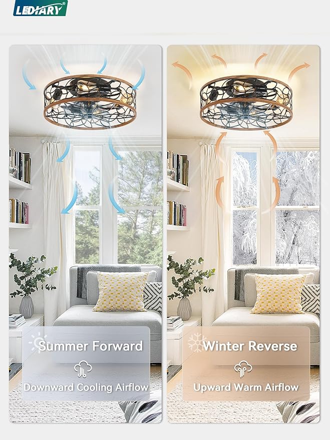 LEDIARY Caged Ceiling Fans with Lights, Farmhouse Flush Mount Ceiling Fan with Remote, Black&Walnut Low Profile Ceiling Fan Light Fixture for Bedroom, Kitchen, Dining Room.