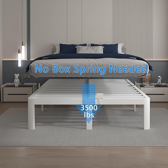 12 Inch Queen Bed Frame with Metal Gaskets, White Bed Frame Queen Size No Box Spring Need, Heavy Duty Steel Platform Support, Round Corner Design, Reserved Holes, Noiseless, Storgae Space