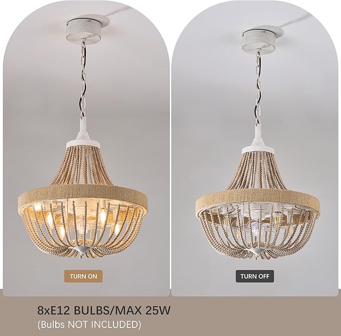 Vintage Bohemian Empire Chandelier Fan with 64 Wood Bead Strands, 7-Blade Invisible Fan, Antique White Gold Finish Ceiling Fan for Living Room, Bedroom(White Gold, 20'' Boho Style)