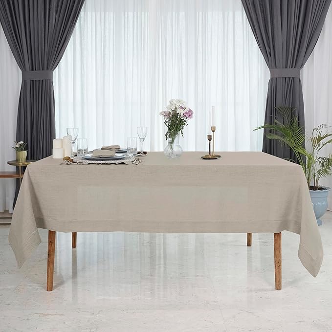 D'Moksha Homes Natural Linen Tablecloth 54 x 72 Inch - 100% Pure Linen Natural Table Cloth for Rectangle Tables - Classic Hemstitch, Machine Washable Tablecloth for Christmas, Holiday