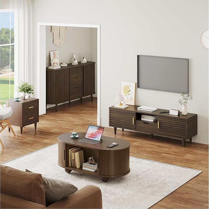 Alohappy Oval Coffee Table, Mid Century Modern Coffee Table with Sliding Tambour Doors, Fluted Center Table with Hidden Storage for Living Room, Dining Room, Apartment, Home Office, Walnut