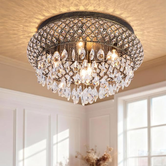 Maxax 19.5'' Crystal Bronze Chandelier, 5-Light Large Vintage Farmhouse Ceiling Light Fixture, Drum Raindrop Metal Shade, French Empire, for Living Room Bedroom Dining Room Kitchen Entryway