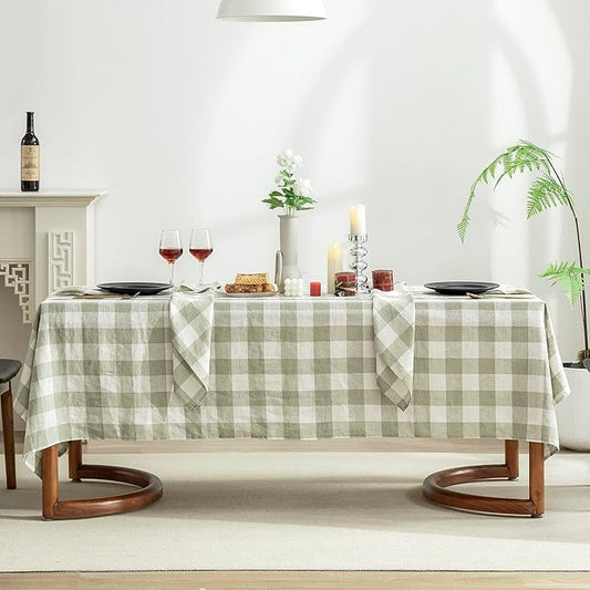EVERLY 100% Yarn-Dyed Linen Rectangle Tablecloths 60x144Inches for Dining,Buffet Parties,Picnic,Events and Restaurants,Decorative Halloween,Thanksgiving Machine Washable Tablecloths-Sage Green Plaid