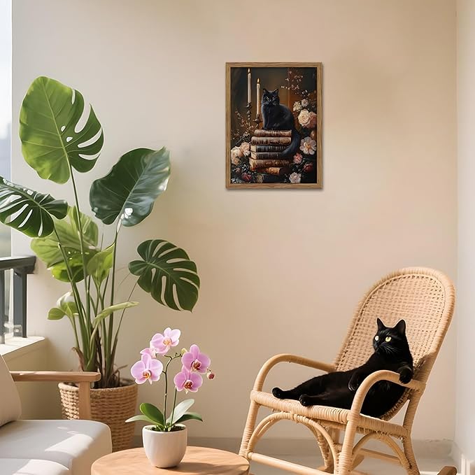 Vintage Dark Academia Framed Wall Art, Victorian Black Cat Floral Canvas Prints, Antique Book Wildflower Gothic Wall Decor for Living Room Gallery Library – Dark Wooden Frame 16x24in