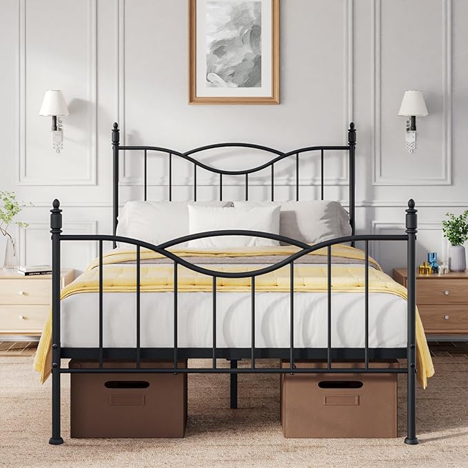 Full Size Bed Frame with Headboard,14 Inch Tall Metal Platform Bed Frame Mattress Foundation with Footboard, Under Bed Storage, Strong Metal Slats Support, No Box Spring Needed, Black