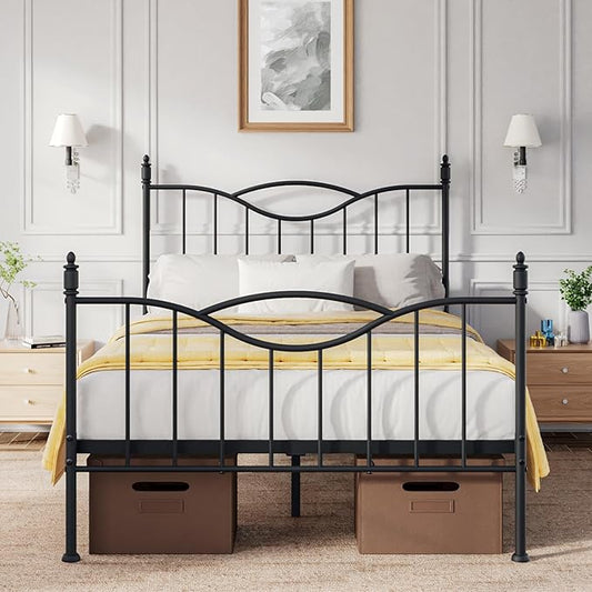 Full Size Bed Frame with Headboard,14 Inch Tall Metal Platform Bed Frame Mattress Foundation with Footboard, Under Bed Storage, Strong Metal Slats Support, No Box Spring Needed, Black
