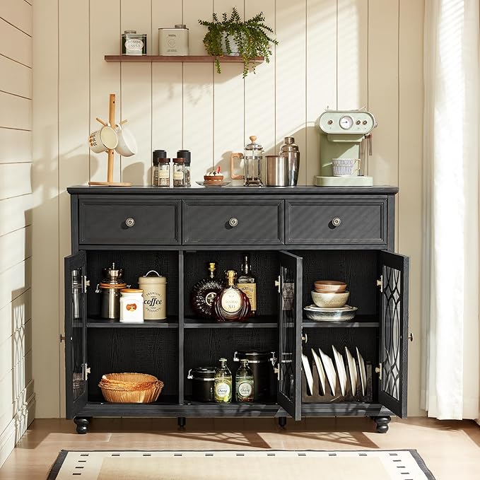 Farmhouse Sideboard Buffet Cabinet with Storage,48" Large Credenza with 3 Glass Doors & 3 Drawers,Adjustable Shelves Console Table,Wood Kitchen Coffee Bar for Dining Room,Living Room,Black