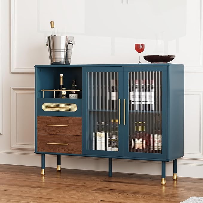 ARTPOWER 48" Coffee Bar Cabinet with Wine Racks and Drawers, Modern Buffet Sideboard with Pull-Out Wine Storage, Liquor Bar Cart for Kitchen, Dining Room, Living Room (Blue)