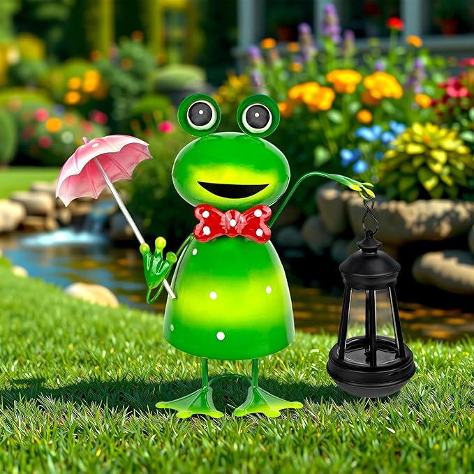 Solar Garden Lights Frog Statue with Solar Lantern Lights,15.62 in Tall Frog Garden Decor,Outdoor Forg Figurines Decorations for Patio Yard Lawn Ornaments Gifts for Birthday Housewarming Mother's Day