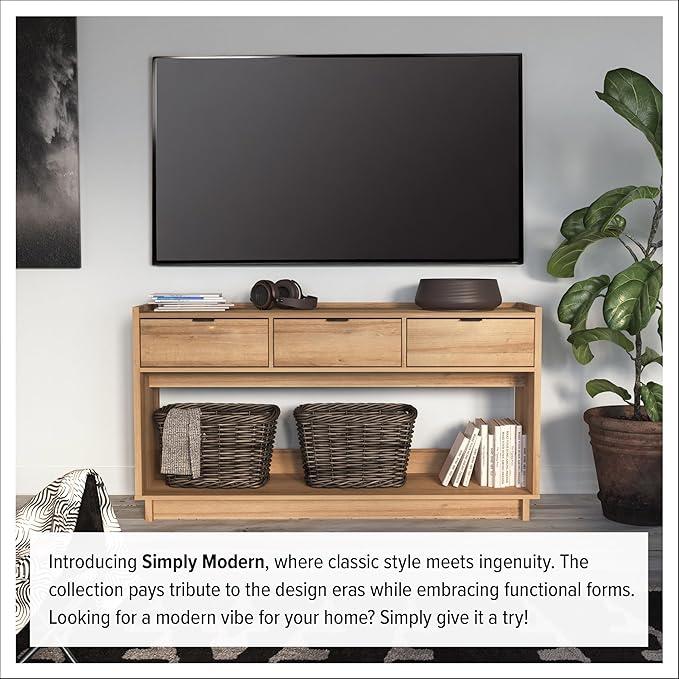 Prepac Natural Oak Simply Modern Entryway Table, Narrow Console Table with 3 Drawers, Media Console with Storage, 15.75" D x 60.25" W x 32" H