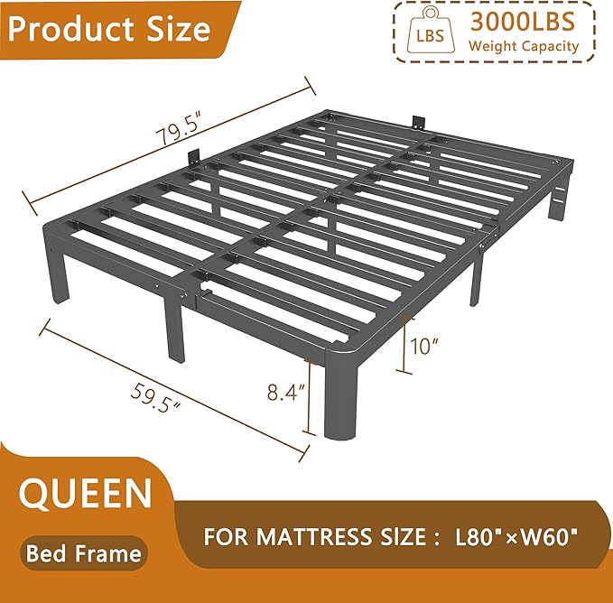 10 Inch Bed Frame Queen Size with Metal Gaskets, Heavy Duty Queen Platform Bed Frame No Box Spring Needed, DIY Headboard, Anti-Slip Mattress Stopper, Round Corner Leg, Easy Assembly, Black