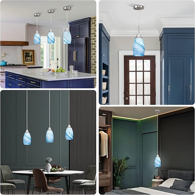 Mini Glass Pendant Light 1-Pack with Handblown Blue Marble Art Oval Glass Lamp Ceiling Hanging Light 4.72" Small Chandelier for Dining Room Kitchen Foyer Hallway