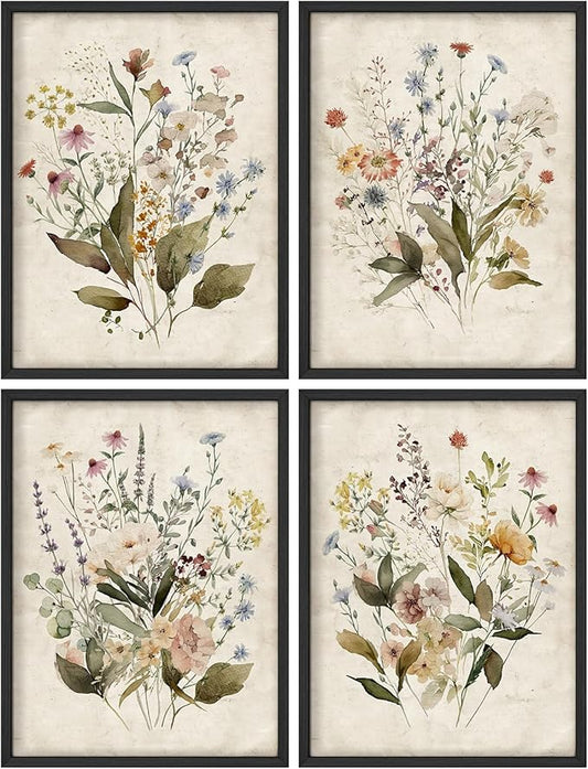SIGNWIN Framed Set Vintage Wildflower Bouquet Antique Botanical Illustrations Modern Art Decorative Scenic Multicolor Nature Wilderness for Bedroom - 11"x14"x4 Black
