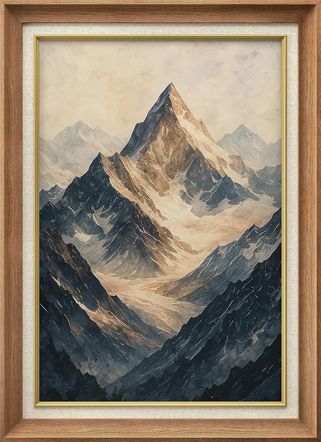 SIGNFORD Premium Framed Wall Art Majestic Snow-Capped Mountain Peak Scenic Landscape Illustrations Fine Art Farmhouse/Country Decorative Rustic Vintage Antique Classic for Bedroom - 26"x36" Natural