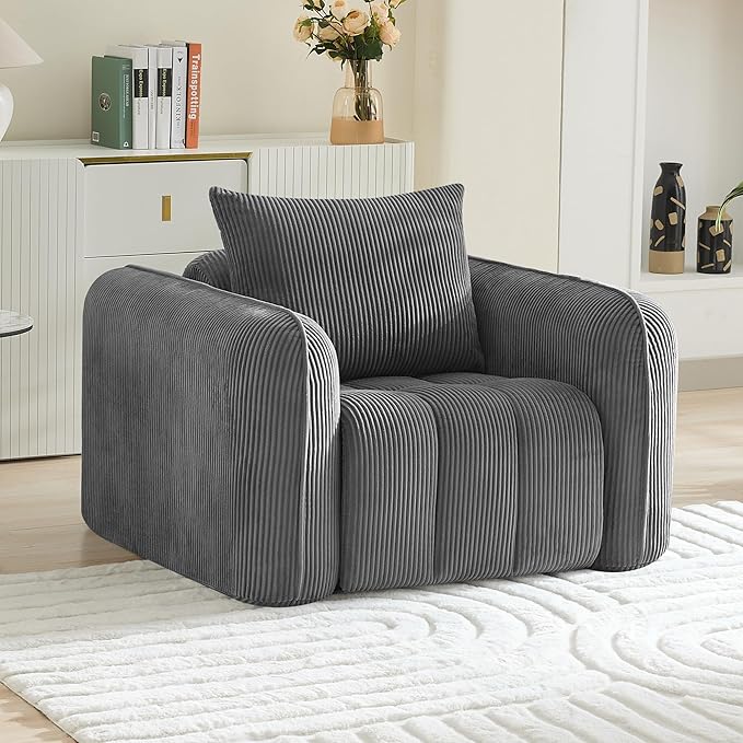 Oversized Boneless Corduroy Accent Chair, Comfy Deep Seat Armchair for Bedroom, Modern Upholstered Living Room Sofa Chair with Pillow, No Assembly, Grey