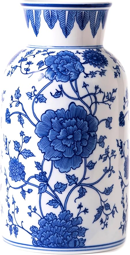 Modern Blue and White Porcelain Vase - Chinoiserie Ginger Jar for Home Decor, Floral Arrangement, 11-Inch Height Handcrafted Ceramic Vase