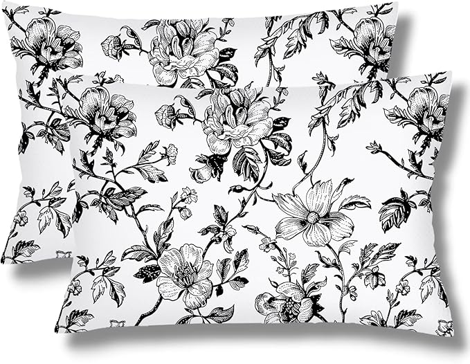 Black and White Porcelain Floral Pillow Cover Queen Size Set of 2 Vintage Flowers Lumbar Pillow Case Standard Pillowcase with Zipper Chinoiserie Decorative Pillows Covers for Bedroom,Couch,20"x30"