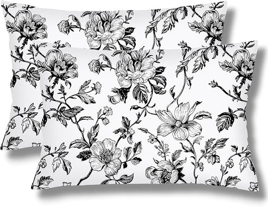 Black and White Porcelain Floral Pillow Cover Queen Size Set of 2 Vintage Flowers Lumbar Pillow Case Standard Pillowcase with Zipper Chinoiserie Decorative Pillows Covers for Bedroom,Couch,20"x30"