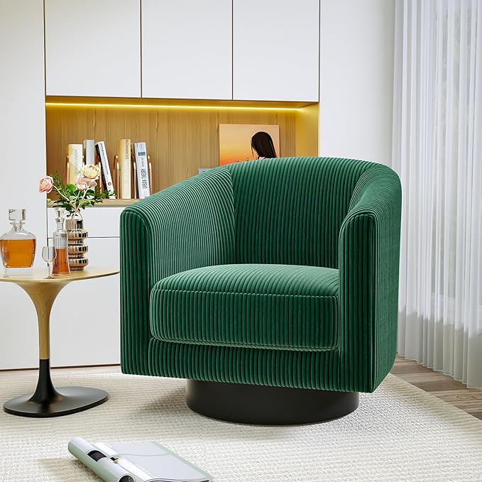 Swivel Accent Chairs, 360 Degree Bucket Chair, Modern Upholstered Barrel Armchair, Comfy Corduroy Single Sofa for Living Room Bedroom, Green