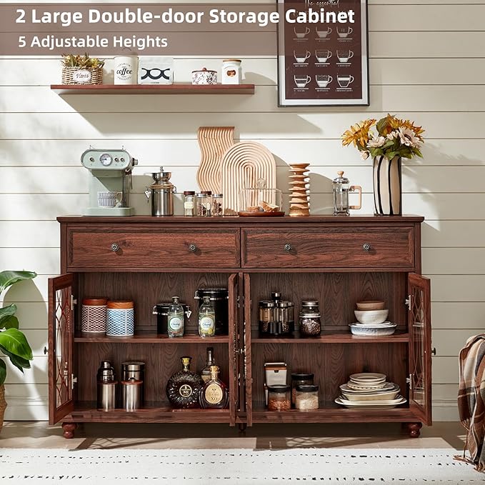 Large Sideboard Buffet Cabinet Set of 2 with Storage,59" Credenza with 4 Glass Doors & 2 Drawers,Adjustable Shelves Coffee Bar,Wood Kitchen Console Table for Dining Room,Brown
