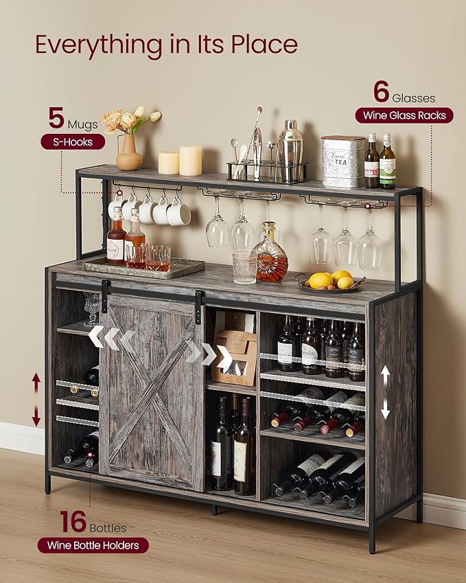 VASAGLE Coffee Bar Cabinet with Power Outlet and Voice Control LED Light, Buffet Cabinet with Sliding Barn Doors, S Hooks, Wine Glass Racks, Bottle Holders, Maple Gray ULSC201G01