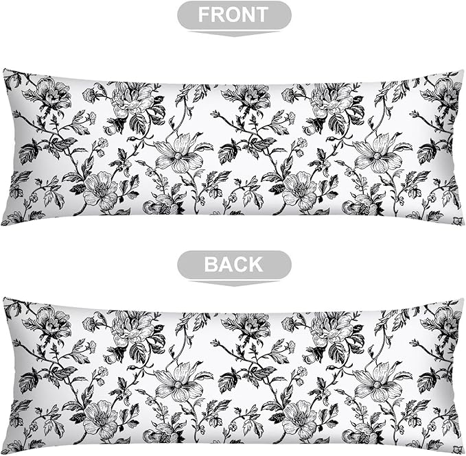 Black and White Porcelain Floral Body Pillow Cover Vintage Flowers Long Pillow Case with Zipper,Florals Lumbar Pillows Cases,Chinoiserie Decorative Soft Bed Cushion Covers for Bedroom,Sofa,"20x54"